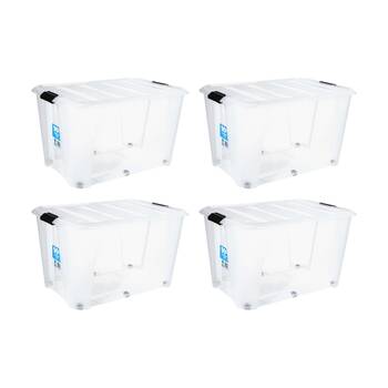 4PK Store More Plastic Storage Rolling Container Box W/ Lid Lock Clips 90L Clear