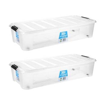 2PK Store More Plastic Storage U Bed Rolling Box W/ Lid Lock Clips 35L Clear