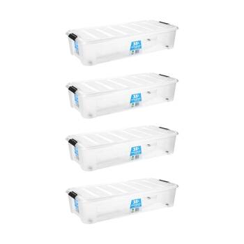 4PK Store More Plastic Storage U Bed Rolling Box W/ Lid Lock Clips 35L Clear