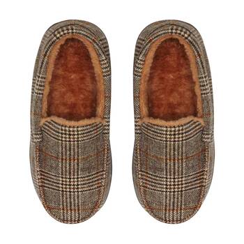 SnuggUps Mens Moccasin Plaid Slippers Brown W/ Non-Slip Hard Rubber Sole