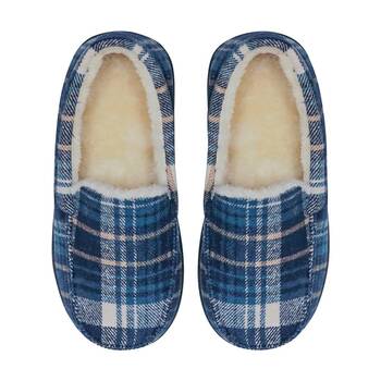 SnuggUps Mens Moccasin Plaid Slippers Navy W/ Non-Slip Hard Rubber Sole