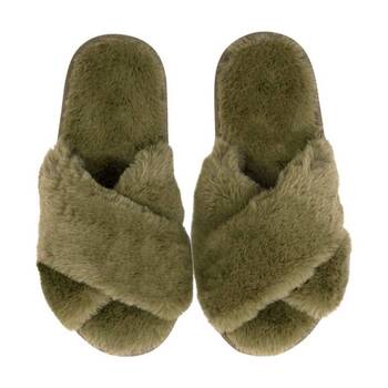 SnuggUps Women's Cross Open Toe Plush Fur Slipper Shoes Olive
