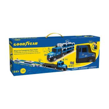 Goodyear Mega Car Transporter Two Lane Race Track With 2 Cars Kids Toy 3y+