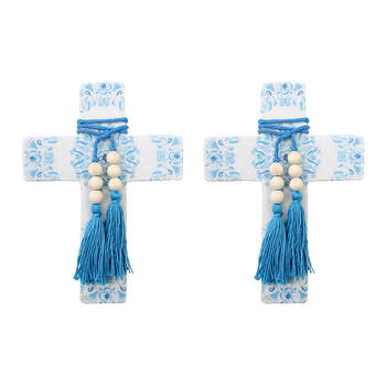 2PK LVD Large Mandala Poetry Blue Cross Decor W/ Beads & Tassels 16x22x0.5cm