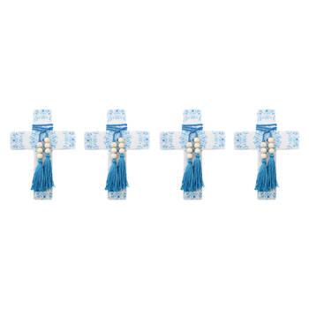 4PK LVD Large Mandala Poetry Blue Cross Decor W/ Beads & Tassels 16x22x0.5cm