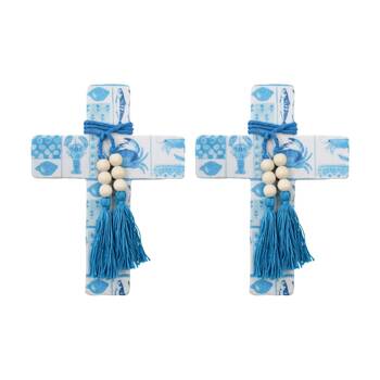 2PK LVD Large Blue Ocean Postcard Cross Decor W/ Beads & Tassels 16x22x0.5cm