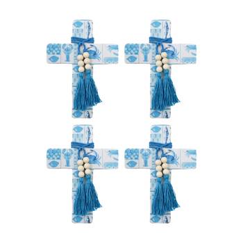 4PK LVD Large Blue Ocean Postcard Cross Decor W/ Beads & Tassels 16x22x0.5cm