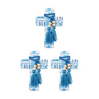 3PK LVD Small Blue Ocean Postcard Cross Home Decor W/ Beads & Tassels 9x13x0.5cm