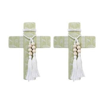 2PK LVD Large Green Tribal Coastal Cross Decor W/ Beads & Tassels 16x22x0.5cm