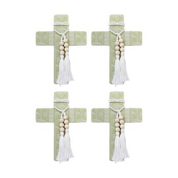 4PK LVD Large Green Tribal Coastal Cross Decor W/ Beads & Tassels 16x22x0.5cm