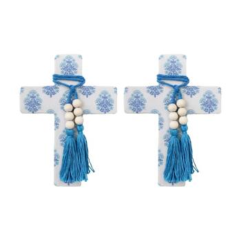 2PK LVD Large Blue Sari Resin Cross Home Decor W/ Beads & Tassels 16x22x0.5cm