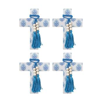 4PK LVD Large Blue Sari Resin Cross Home Decor W/ Beads & Tassels 16x22x0.5cm