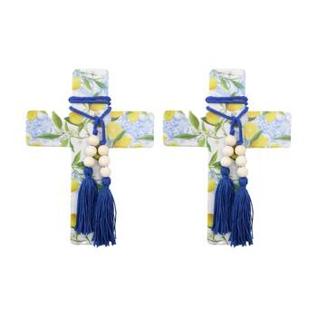 2PK LVD Large Lemoncello Resin Cross Home Decor W/ Beads & Tassels 16x22x0.5cm