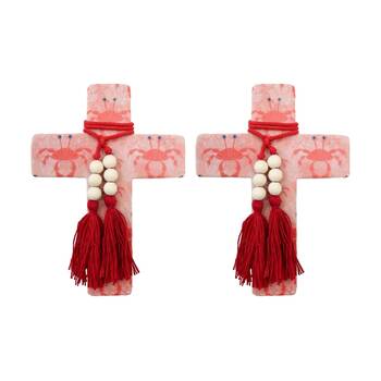 2PK LVD Large Mediterranean Resin Cross Decor W/ Beads & Tassels 16x22x0.5cm