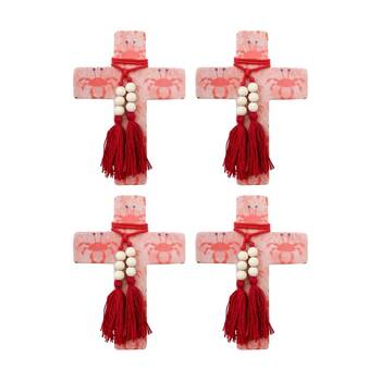 4PK LVD Large Mediterranean Resin Cross Decor W/ Beads & Tassels 16x22x0.5cm