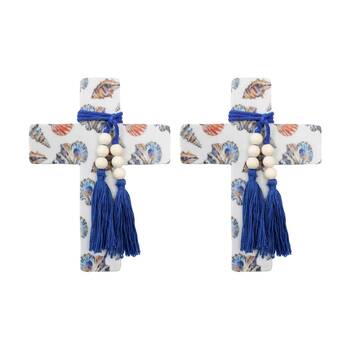 2PK LVD Large Sea/Coastal Resin Cross Home Decor W/ Beads & Tassels 16x22x0.5cm