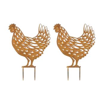 2PK LVD Rustic-Coated Metal Large Hen Garden Stake Decor Ornament 48x37x18cm