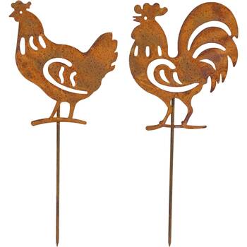 2pc LVD Rustic-Coated Metal Hen/Rooster Garden Stake Set 24x10x0.64cm