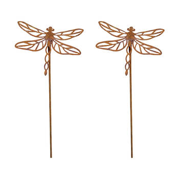 2PK LVD Rustic-Coated Metal Dragonfly Garden Stake Ornament Set 86x12x3cm