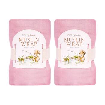 2PK Tiny Wonders Bamboo Muslin Wrap Soft Baby Blanket & Swaddle Pink 105x105cm