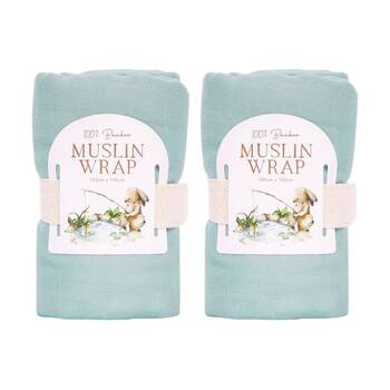 2PK Tiny Wonders Bamboo Muslin Wrap Soft Baby Blanket & Swaddle Sage 105x105cm