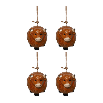 4x Urban Products Highland Cow Bell Brown Ceramic Hanging Ornament 18cm