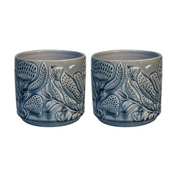 2x Urban Products Corindi Planter Blue Ceramic Pot Embossed Leaf Design 14cm