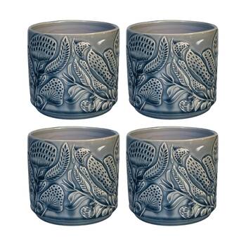 4x Urban Products Corindi Planter Blue Ceramic Pot Embossed Leaf Design 14cm