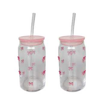 2x Urban Products Kaya Pink Bow Glass Can Drinkware W/ Straw 14cm