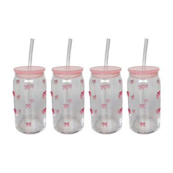 4x Urban Products Kaya Pink Bow Glass Can Drinkware W/ Straw 14cm