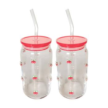 2x Urban Products Kaya Red Cherry Glass Can Drinkware W/ Straw 14cm