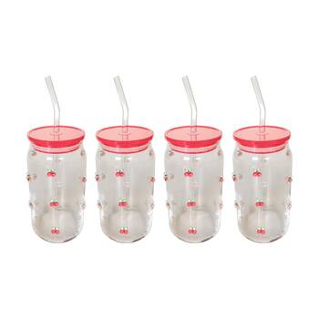 4x Urban Products Kaya Red Cherry Glass Can Drinkware W/ Straw 14cm