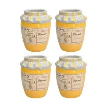 4x Urban Products Honey Pot Vessel Yellow Ceramic Decorative Jar 11cm