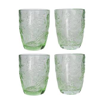2x 2pc Urban Products Mari Green Floral Embossed Glass Tumbler Set 10cm
