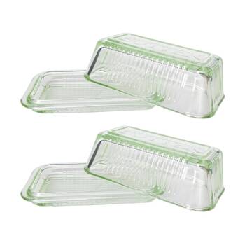 2x Urban Products Mari Green Glass Butter Dish W/ Lid & Ribbed Base 17cm