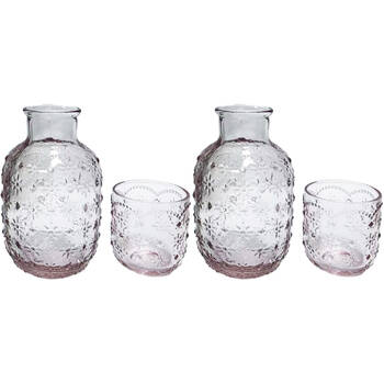 2x 2pc Urban Products Mari Floral Embossed Pattern Carafe Pink Glass Set 19cm