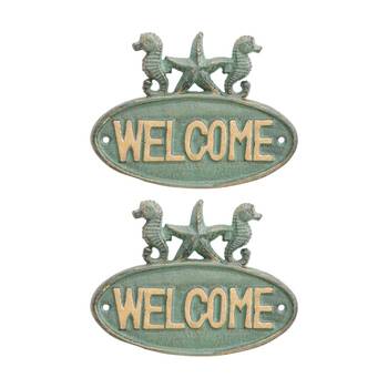 2PK LVD Cast Iron Nautical Welcome Sign Home/Garden Decor Green 19.5x14.5x2cm