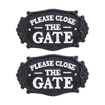 2PK LVD Cast Iron Ornate Close Gate Sign Outdoor Decor Black/White 18.5x11cm