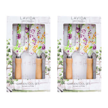 2x 2pc LVD Outdoor Gardening/Planting Wood/Steel Trowel & Fork Tool Set Florals