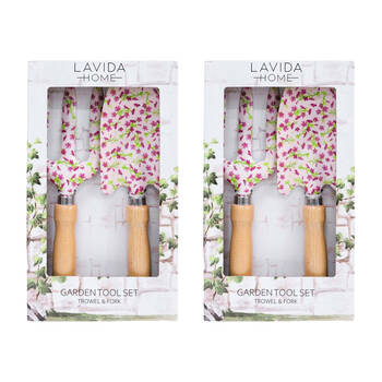 2x 2pc LVD Outdoor Gardening/Planting Wood/Steel Trowel & Fork Tool Set Daisy