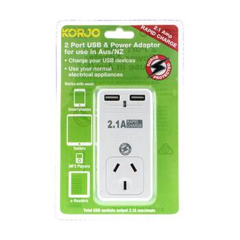 Korjo 2 Port USB And Power Adaptor Australia Only Charging Adapter Australian