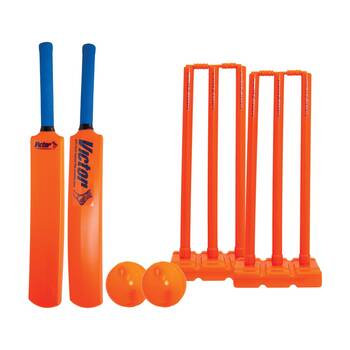 Victor Cricket Plastic Set W/ Carry Bag Bats Balls Stumps Size 4