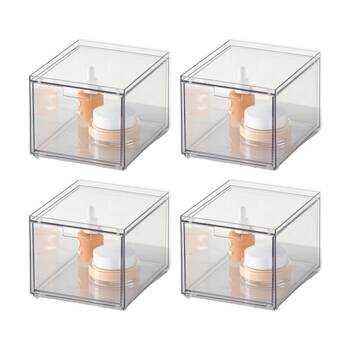 4PK The Container Store Stacking Narrow Drawer Medium Home Organiser Clear