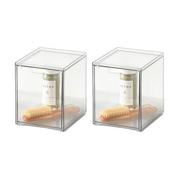 2PK The Container Store Stacking Narrow Drawer Tall Bathroom Organiser Clear
