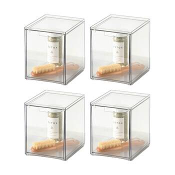 4PK The Container Store Stacking Narrow Drawer Tall Bathroom Organiser Clear