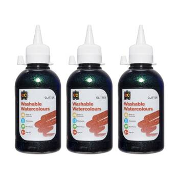 3PK Educational Colours Washable Glitter Watercolour Paint Black 250ml 3y+