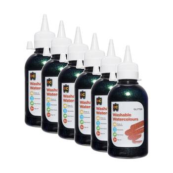 6PK Educational Colours Washable Glitter Watercolour Paint Black 250ml 3y+