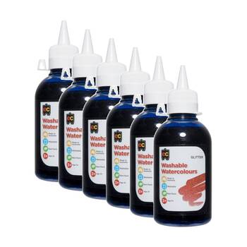 6PK Educational Colours Washable Glitter Watercolour Paint Blue 250ml 3y+