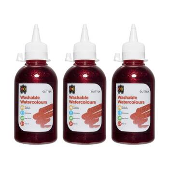 3PK Educational Colours Washable Glitter Watercolour Paint Red 250ml 3y+