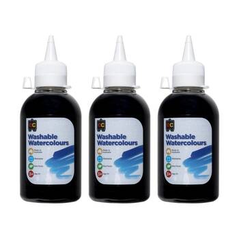 3PK Educational Colours Washable Watercolour Student Paint Black 250ml 3y+